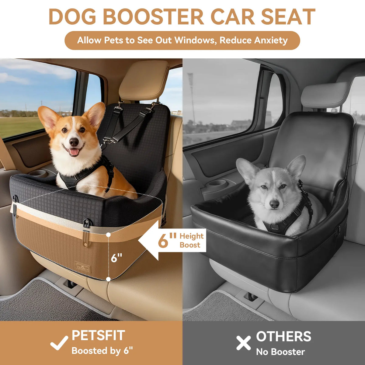 [5-Year Warranty] PETSFIT Dog Booster Car Seat for Small/Medium Dogs up to 35 Lbs – Patented Safety System, 6" Memory Foam Pet Car Seat, Fully Detachable and Washable Cover, Front/Back Seat Travel Booster