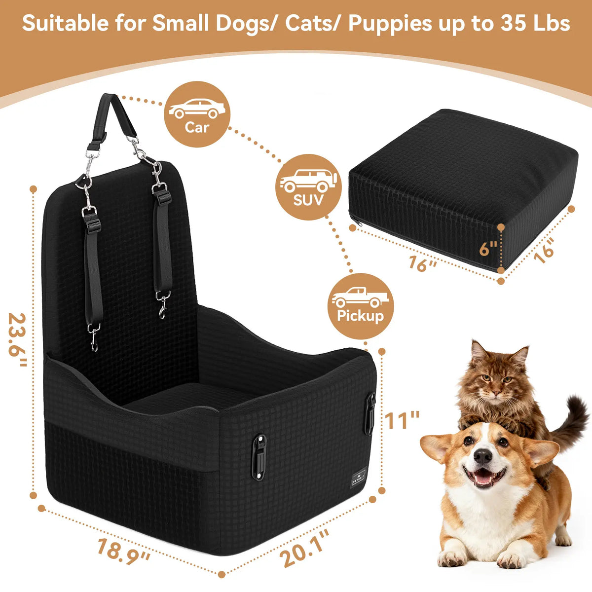 [5-Year Warranty] PETSFIT Dog Booster Car Seat for Small/Medium Dogs up to 35 Lbs – Patented Safety System, 6" Memory Foam Pet Car Seat, Fully Detachable and Washable Cover, Front/Back Seat Travel Booster