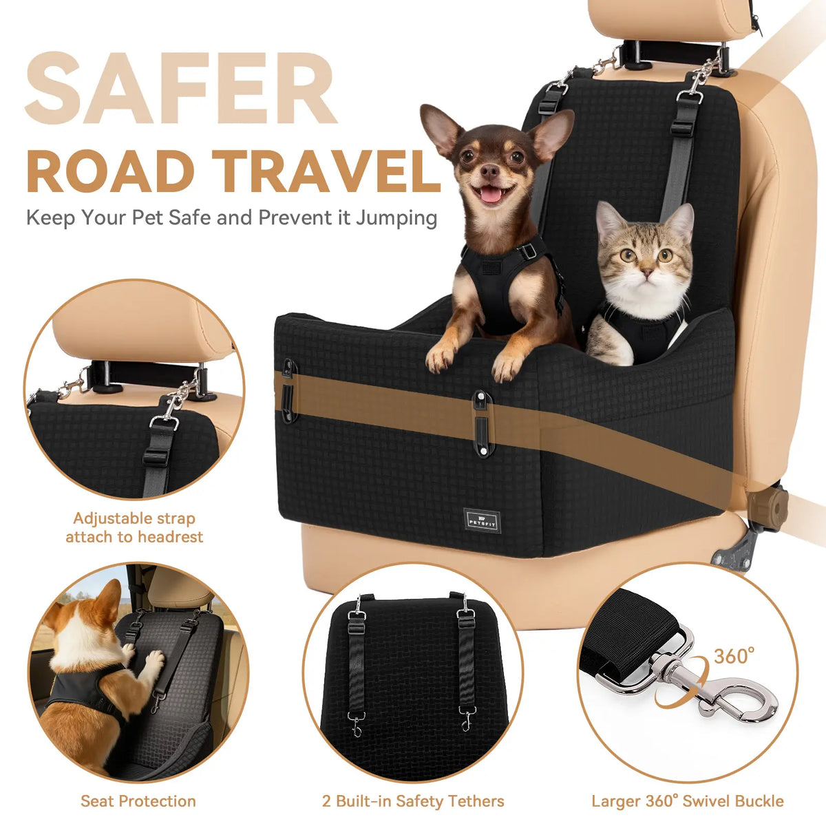 [5-Year Warranty] PETSFIT Dog Booster Car Seat for Small/Medium Dogs up to 35 Lbs – Patented Safety System, 6" Memory Foam Pet Car Seat, Fully Detachable and Washable Cover, Front/Back Seat Travel Booster