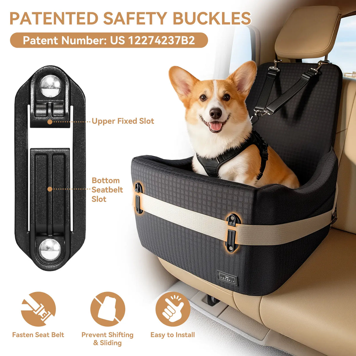 [5-Year Warranty] PETSFIT Dog Booster Car Seat for Small/Medium Dogs up to 35 Lbs – Patented Safety System, 6" Memory Foam Pet Car Seat, Fully Detachable and Washable Cover, Front/Back Seat Travel Booster